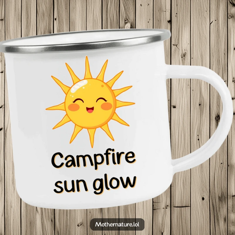 Funny camping mug showing a cheerful sun character playfully winking while showering surrounding areas with warm, golden light.