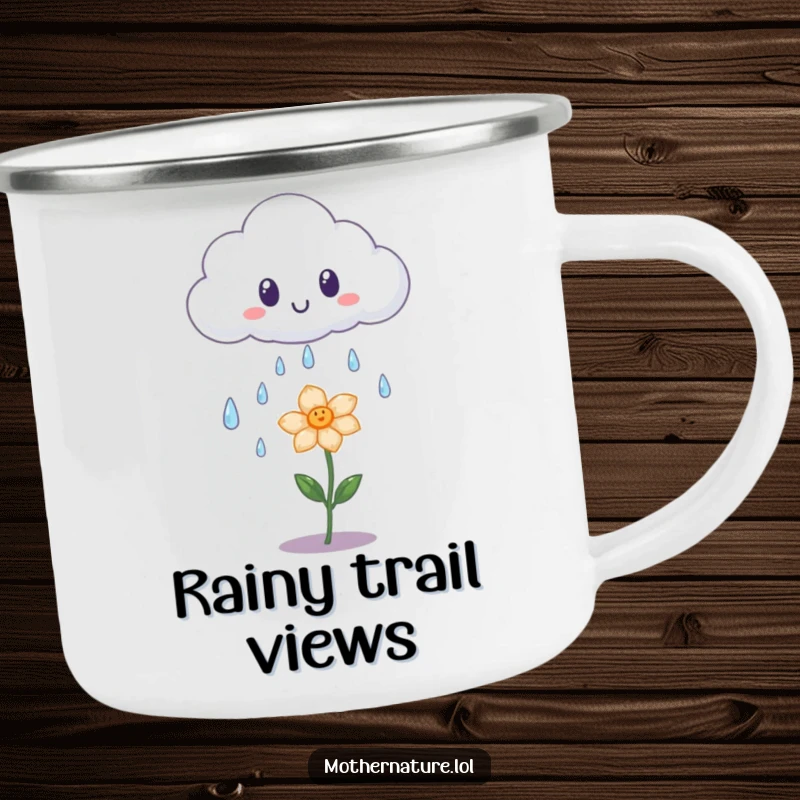 Funny camping mug showing a surprised cloud shedding iridescent raindrops onto a happy flower, designed for cheerful outdoor moments.