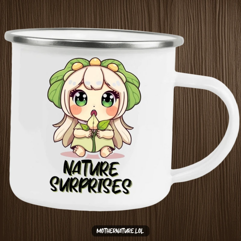 Funny camping mug graphic of Mother Nature with wide eyes, surprised, holding a sprouting seed, symbolizing outdoor discovery.