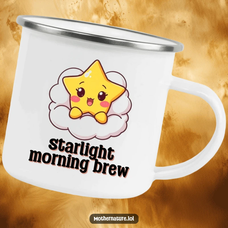 Funny Surprised Star Camp Mug featuring a character peeking from behind a smiling cloud, perfect for outdoor enthusiasts who love whimsy.