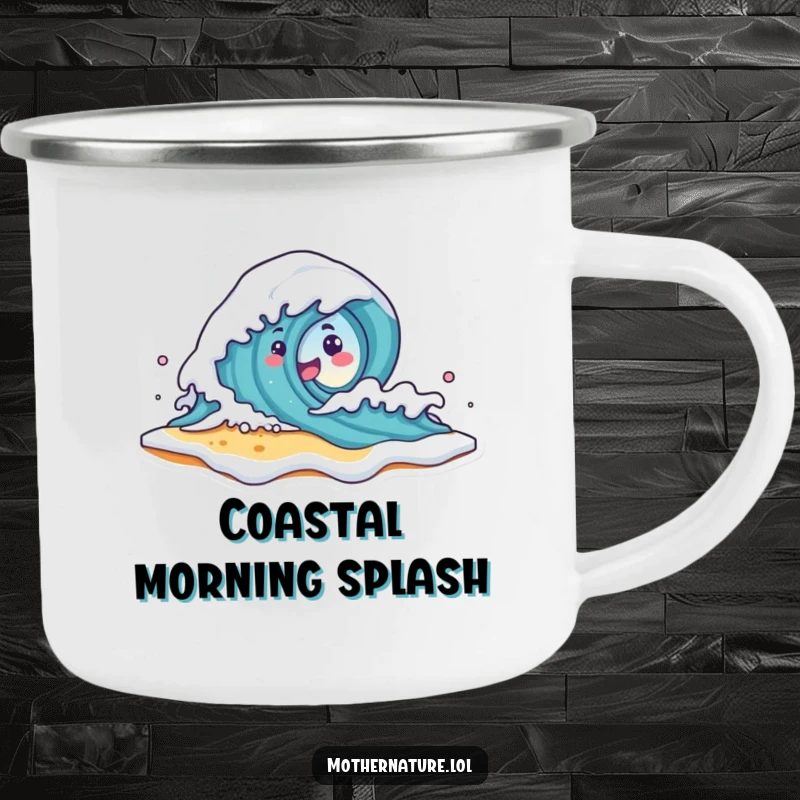 Funny Wave Character Camp Mug featuring a cute wave character crashing onto a smiling beach shore with foam, perfect for outdoor adventurers.