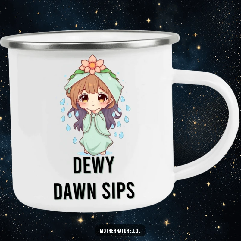 Mother Nature Camping Mug: Character creating sparkling dew drops, symbolizing freshness. Durable and a refreshing gift.