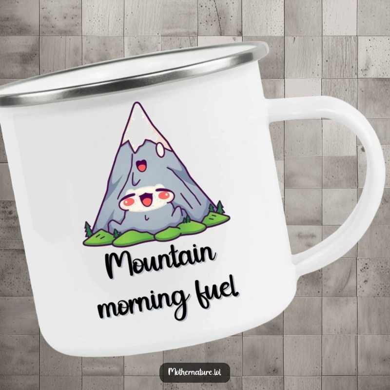 Funny mountain camping mug with a cute character stretching its peaks upwards with a satisfied yawn, perfect for relaxed outdoor drinks.