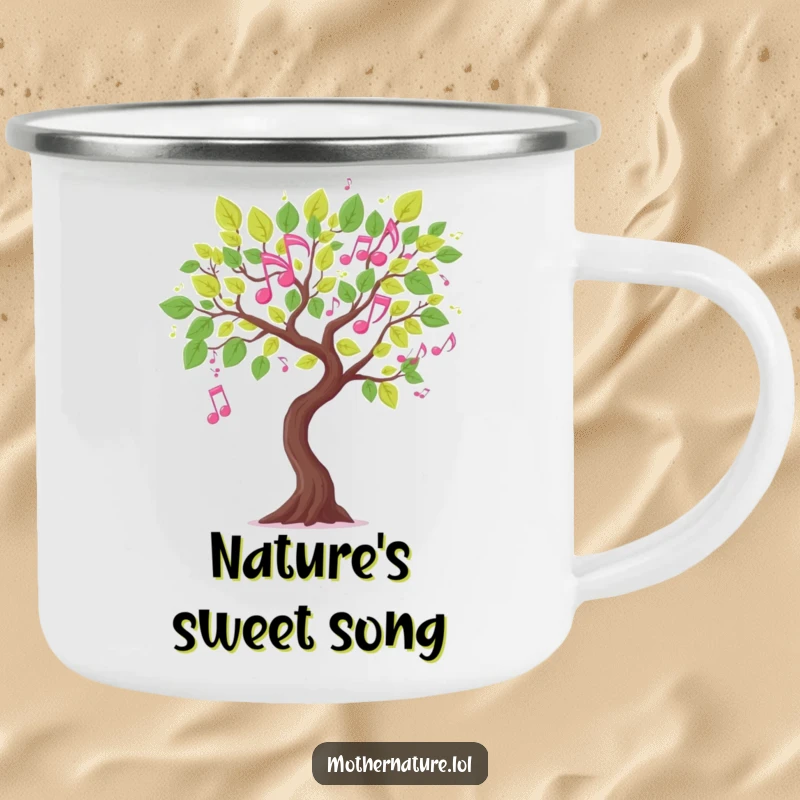 Funny musical tree branch camping mug, leaves shaped like dancing musical notes, durable outdoor drinkware, artistic gift.