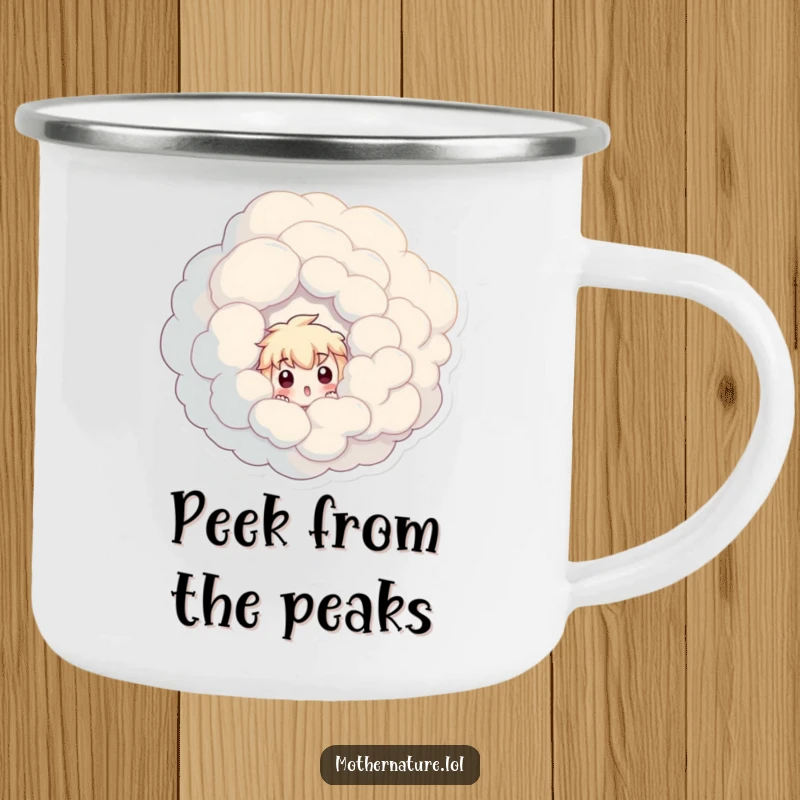 Funny camping mug showing a surprised character peeking from behind a giant, swirling cloud.