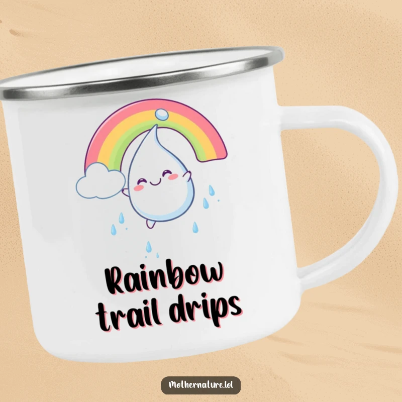 Funny camping mug showing a plump, smiling raindrop character gleefully sliding down a bright, colorful rainbow.