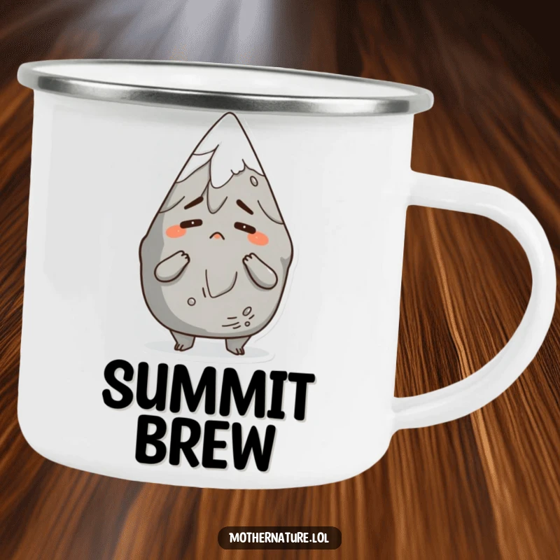 Funny camping mug featuring an anthropomorphic mountain character shrugging comically with a bemused expression, perfect for outdoor contemplation.