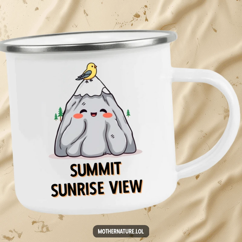 Funny camping mug with a mountain character shrugging amiably, bird on head, great for outdoors.