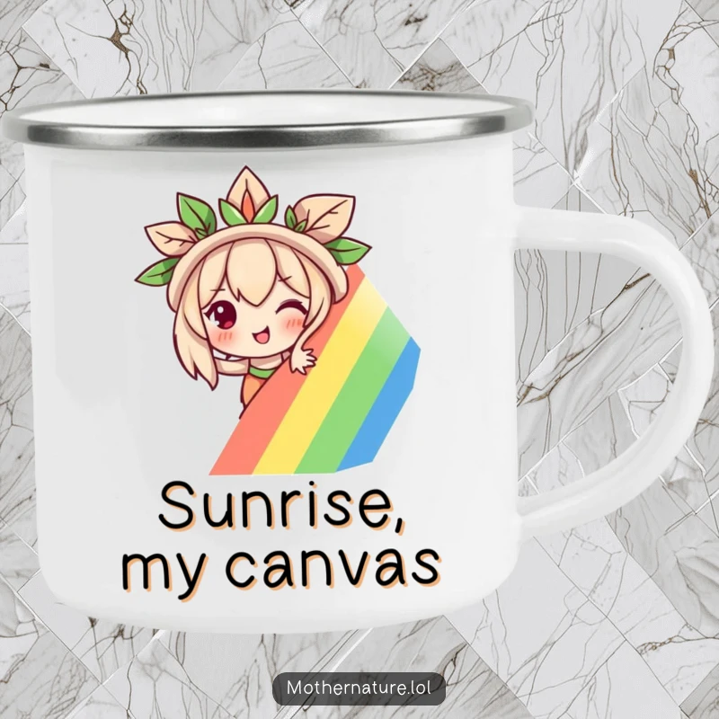 Funny Mother Nature camping mug showing a mischievous character peeking from behind a rainbow, designed for outdoor enjoyment.