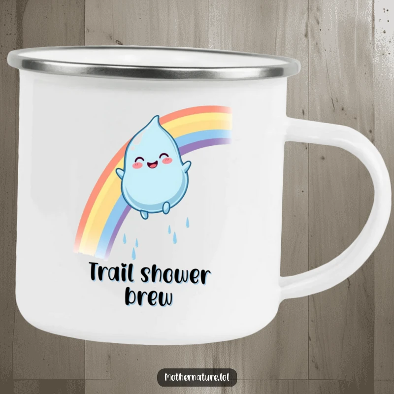 Funny rainbow raindrop camping mug with a smiling character gleefully sliding down a colorful arc, perfect for cheerful outdoor drinks.