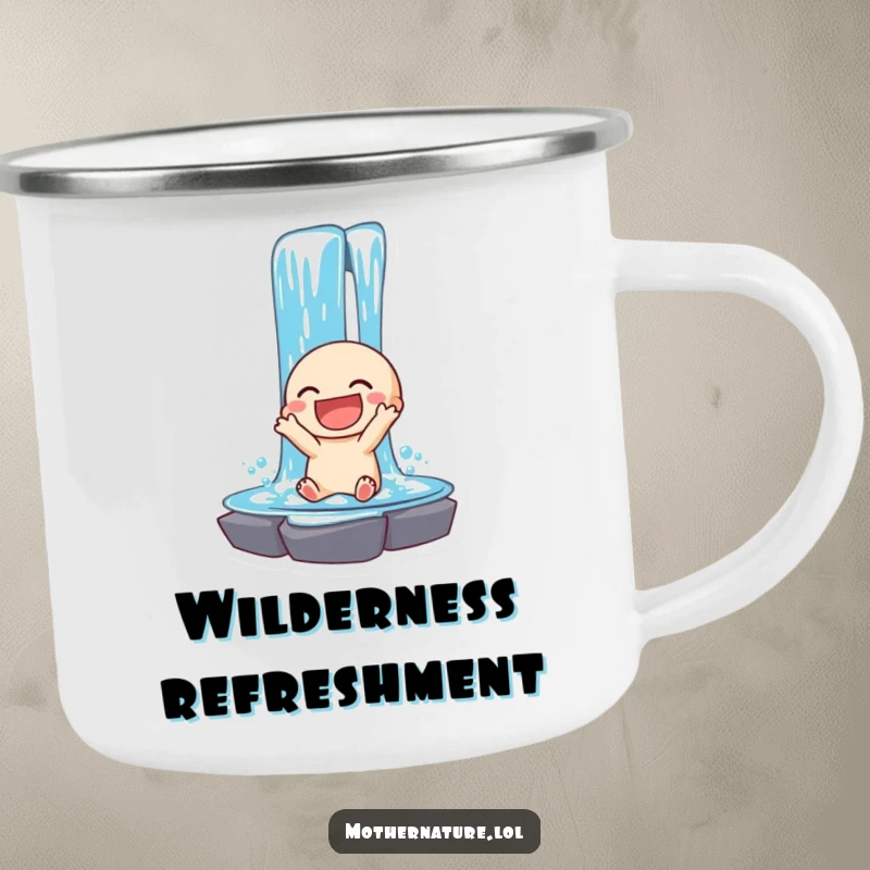 Funny camping mug with a laughing waterfall character cascading. Perfect for the outdoors.