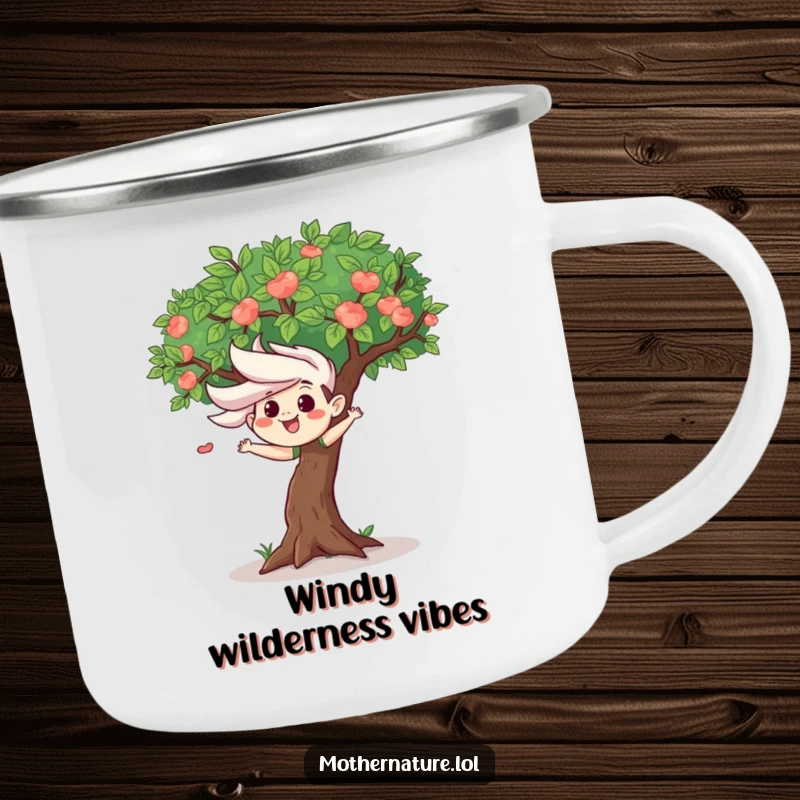 Mischievous wind gust character ruffling leaves of a happy tree on a rugged camping mug, perfect for humorous outdoor enjoyment.