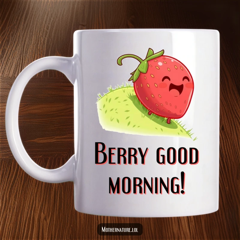 Funny mug with a plump, dizzy strawberry gleefully rolling down a grassy hill, showcasing pure, unadulterated fun.
