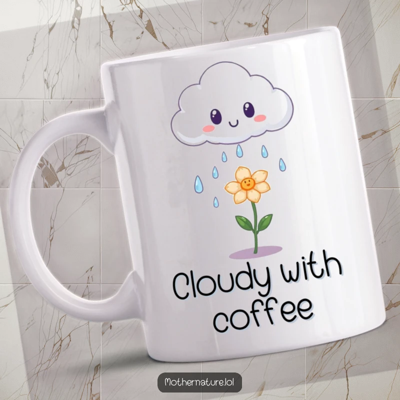 Funny mug showing a surprised cloud gently shedding iridescent raindrops onto a tiny, happy flower; a scene of sweet care.