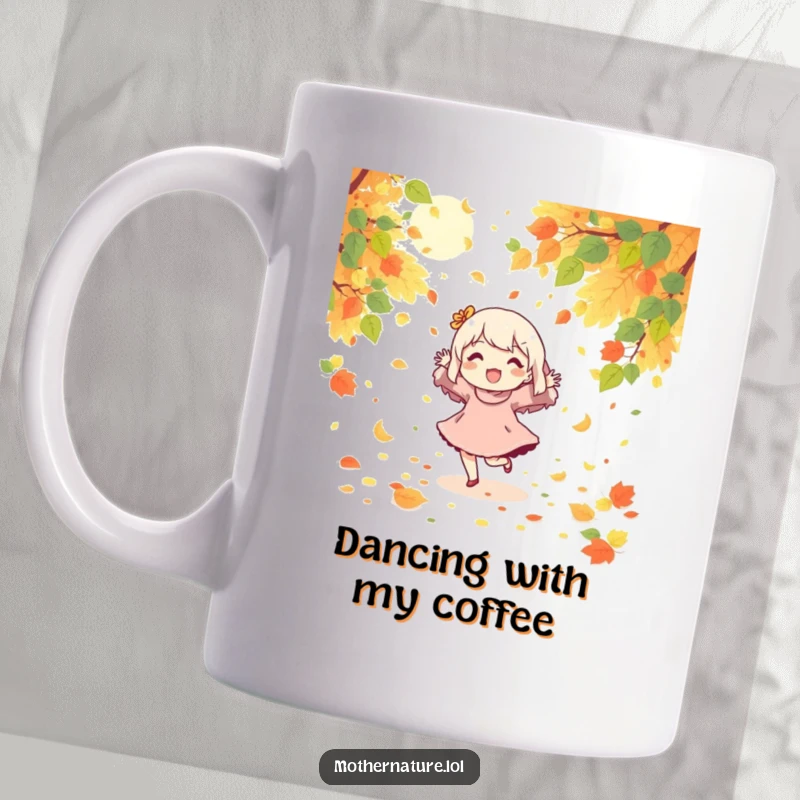 Funny mug with a character joyfully dancing with abandon amidst falling autumn leaves and warm sunshine.
