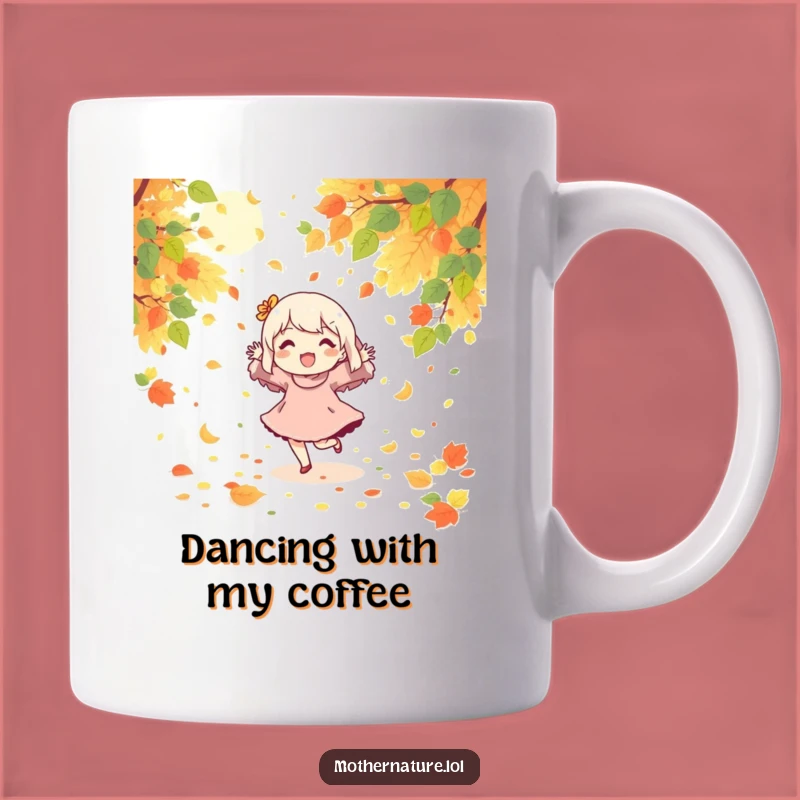 Funny Dancing Character Mug, Autumn Joy Leaves Design, Perfect Gift