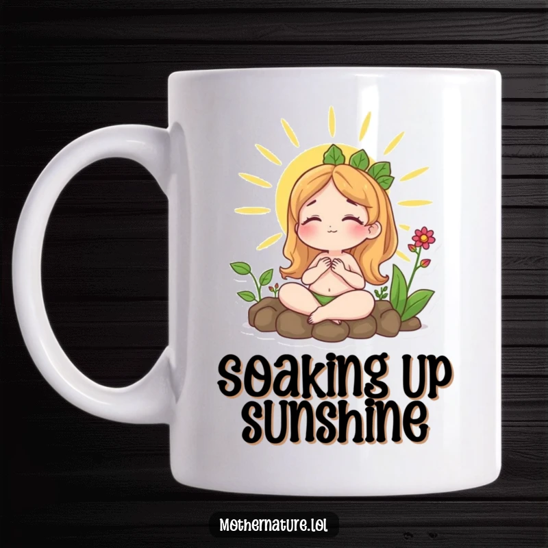 Funny mug shows a content Mother Nature character sunbathing peacefully surrounded by lush, growing plants, embodying relaxation.