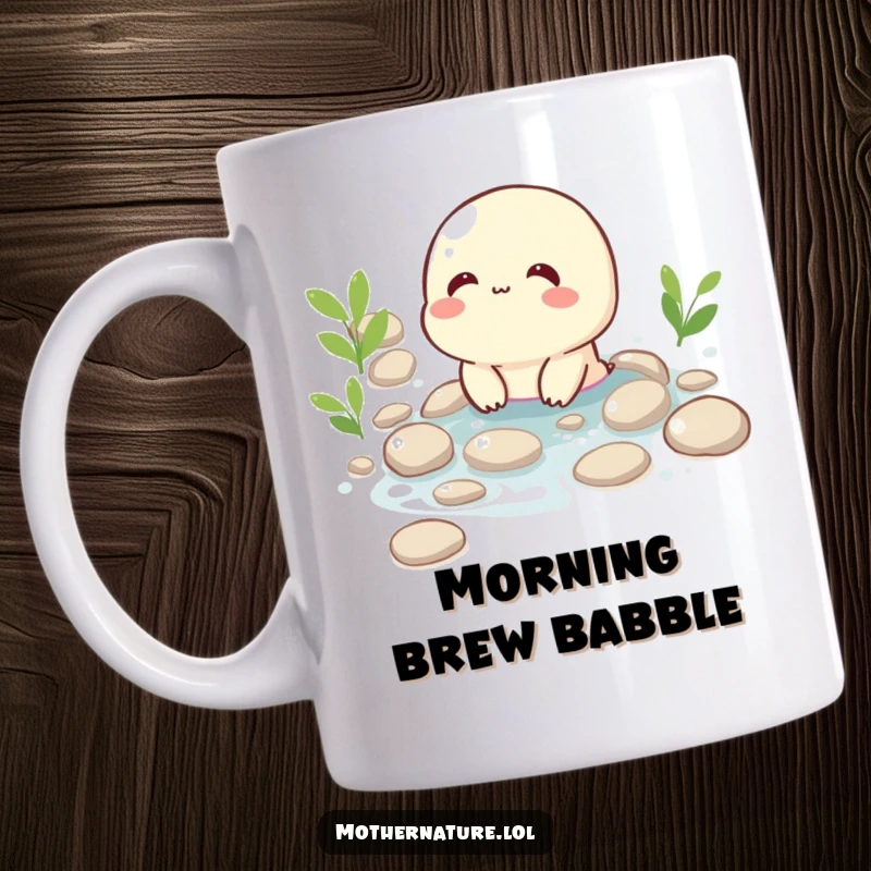 Funny mug showcasing a happy, bubbling brook character giggling as it gracefully flows over smooth, polished pebbles.