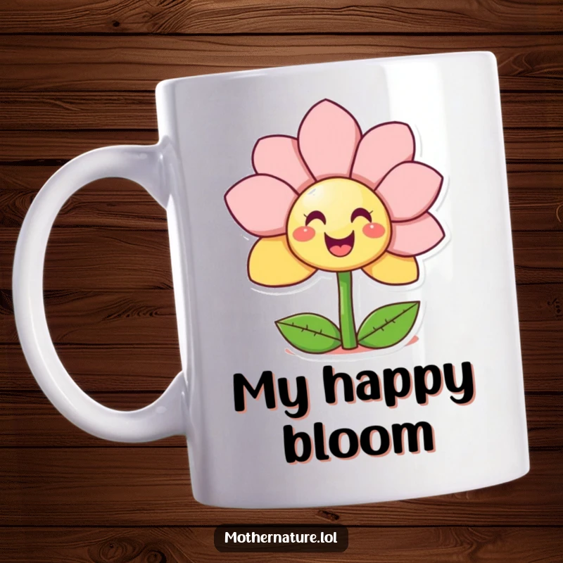 Funny Giggling Flower Mug where a happy character unfurls petals to show a surprise smiley face, radiating cheerfulness and light.