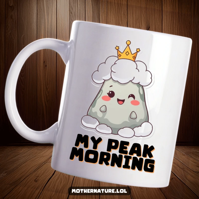 Funny mug featuring a happy, majestic mountain character proudly wearing a crown of soft, fluffy white clouds.