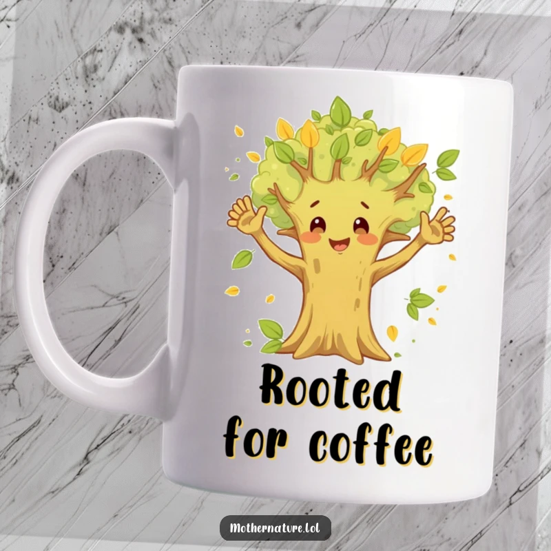 Funny Happy Tree Mug with a cheerful character waving branches like arms, surrounded by falling leaves, symbolizing nature's joy.