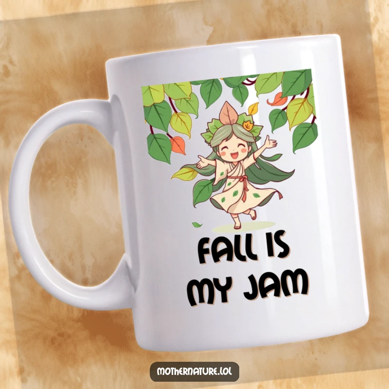 Funny Mother Nature mug with a joyful goddess character dancing energetically with a colorful swirl of autumn leaves, conveying happiness.