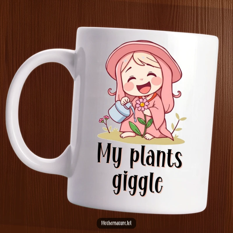 Funny mug art of Mother Nature joyfully watering a small, giggling flower, conveying nurturing laughter and growth.