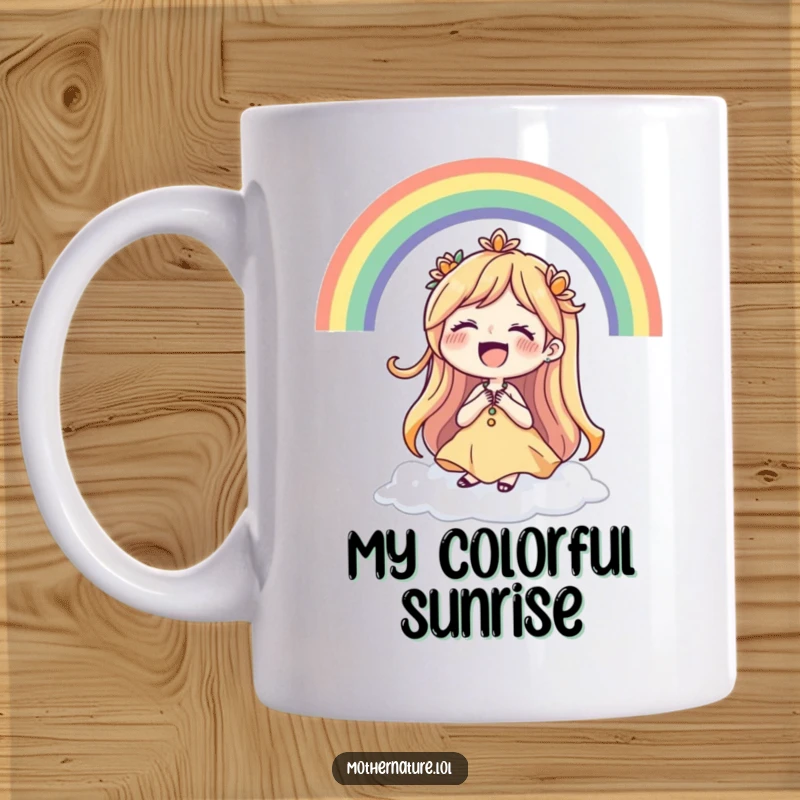 Funny Mother Nature mug showing a joyful character laughing heartily as a beautiful, vibrant rainbow encircles her.