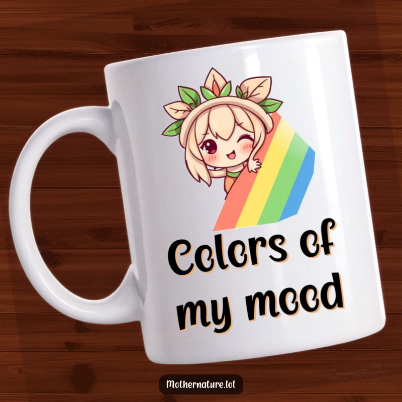 Funny Mother Nature mug showcasing a mischievous character peeking slyly from behind a bright, colorful rainbow, exuding playful curiosity.