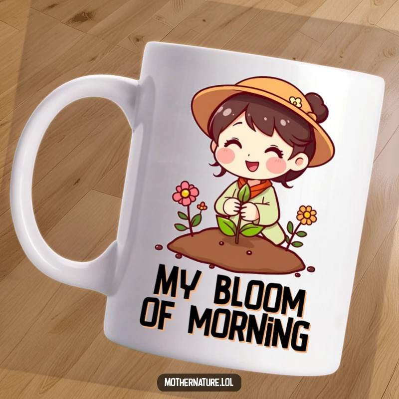 Funny Mother Nature mug featuring a cheerful character planting a seed that instantly blossoms into colorful flowers.