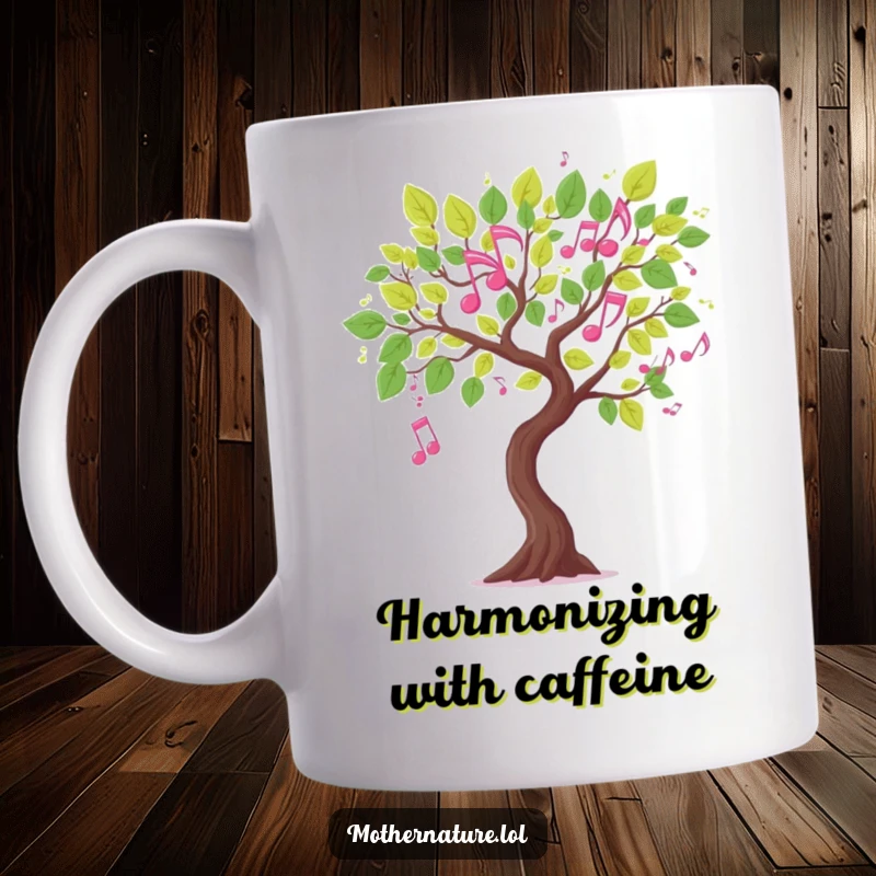 Funny musical tree branch mug, leaves shaped like dancing musical notes, symbolizes harmony and nature's song, perfect gift.