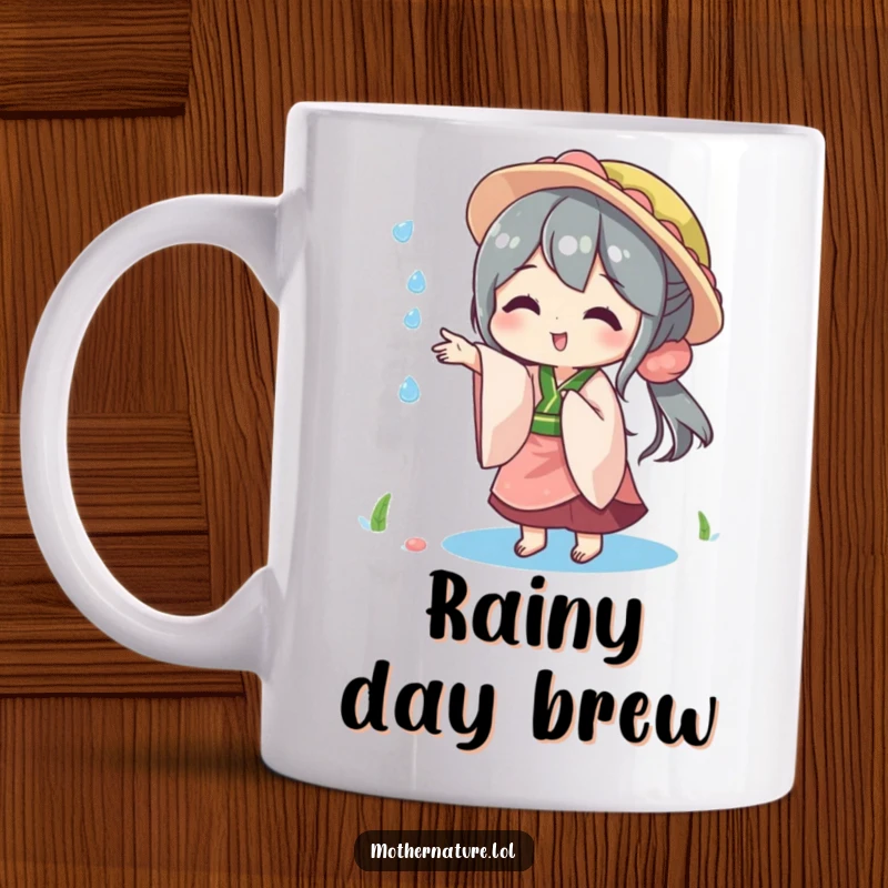 Funny mug art of a playful Mother Nature tossing a sparkling raindrop, conveying lightheartedness and joy.