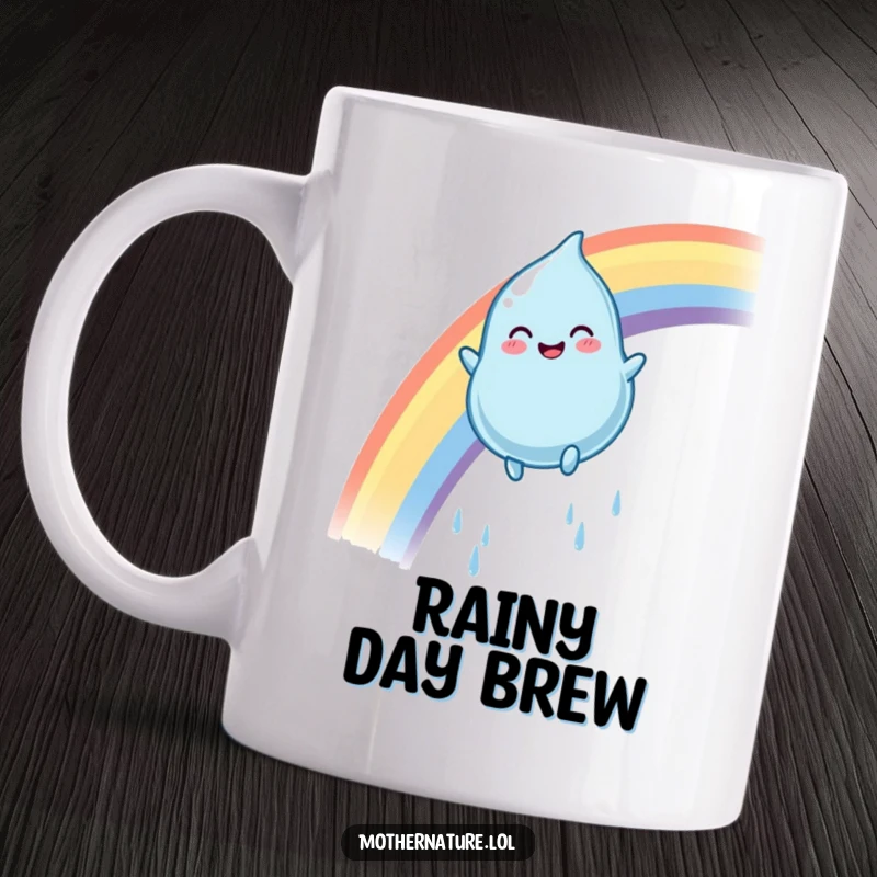 Funny raindrop mug featuring a plump, smiling character gleefully sliding down a vibrant rainbow, bringing colorful joy.