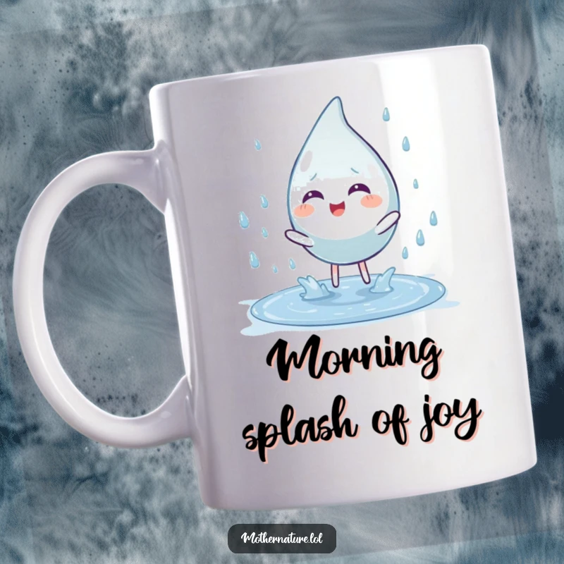 Funny mug with a playful raindrop character joyfully splashing into a puddle. Whimsical and humorous design for all ages.