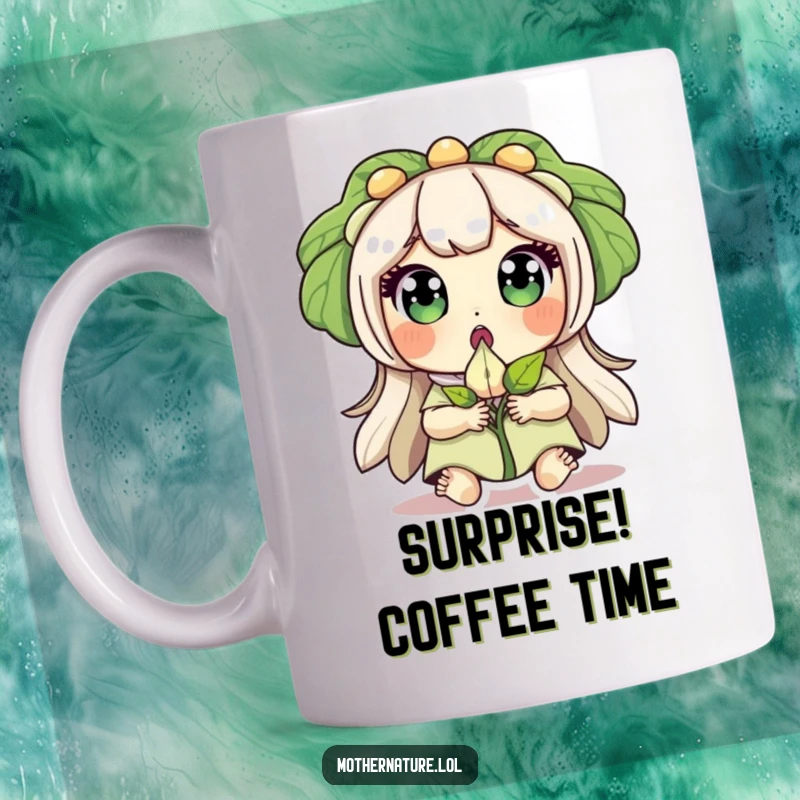 Funny mug art of a surprised Mother Nature with wide eyes, gently holding a sprouting seed, conveying wonder.