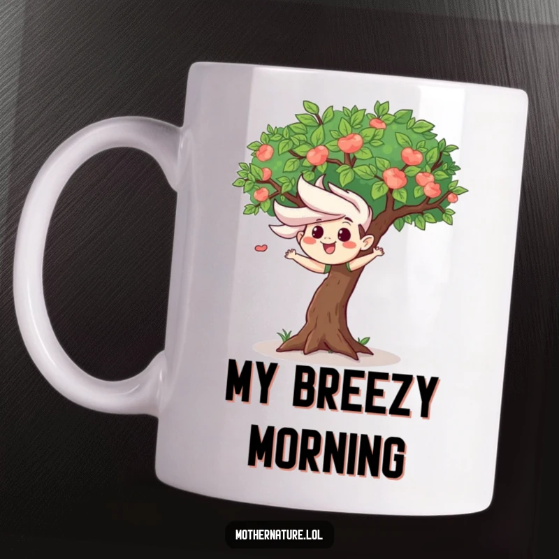 Mischievous wind gust character playfully ruffling the leaves of a happy tree on a mug, symbolizing playful nature and fun.