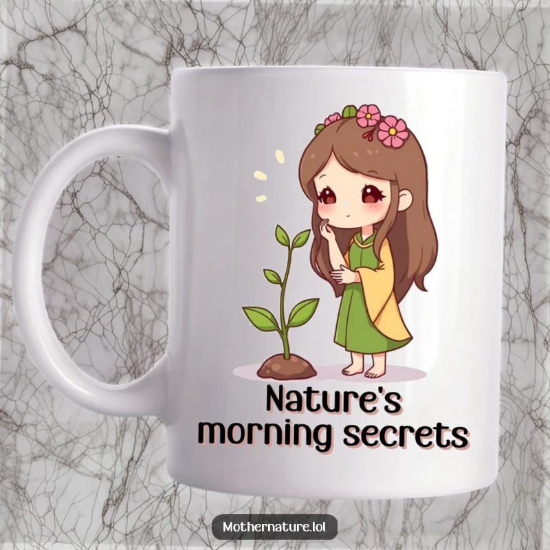 Mother Nature Mug: Kind character whispering encouragement to a small, upright sprout, symbolizing growth and hope. A gentle gift.