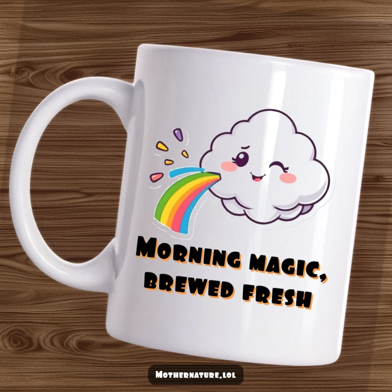Funny cloud character mug, spraying a vibrant rainbow with a mischievous wink, adding colorful humor.