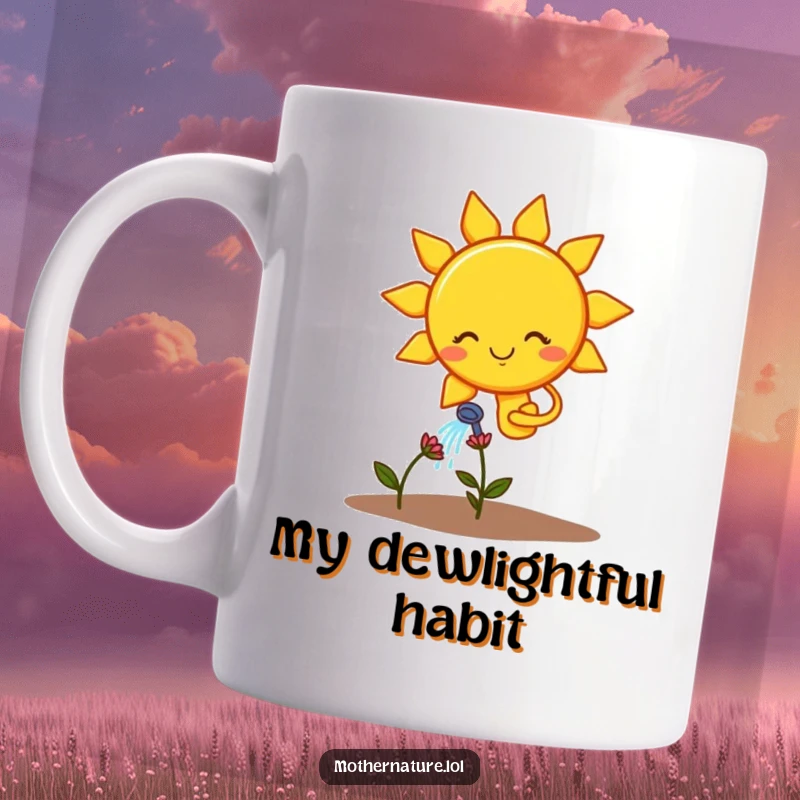 Funny mug with a smiling sun character tenderly watering a small, wilting flower, showing care with a touch of whimsical despair.
