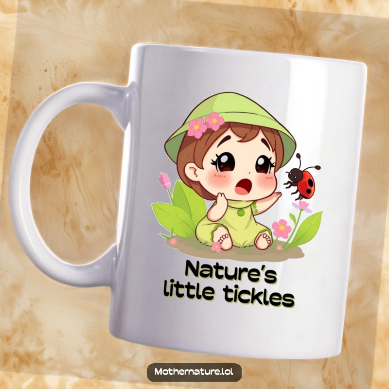Funny mug shows Mother Nature looking surprised as a friendly ladybug tickles her, capturing a playful interaction in nature.
