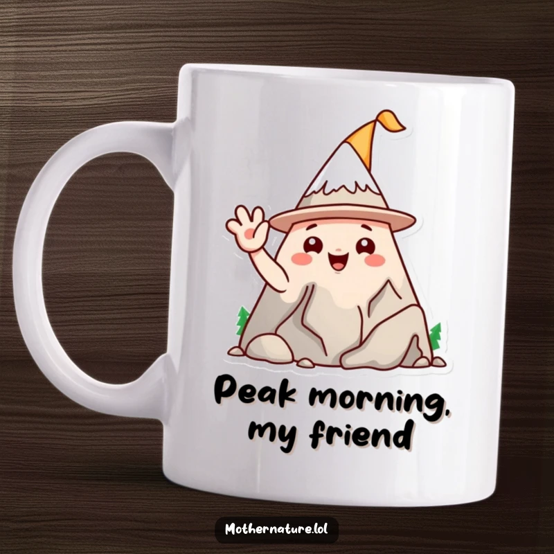 Funny mountain range character mug, wearing a silly hat and waving enthusiastically, embodying playful outdoor vibes.
