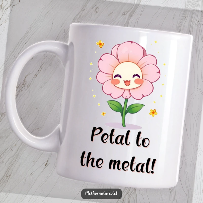 Funny mug featuring a cheerful flower character blooming vibrantly and showering tiny pollen sparkles, radiating happiness and joy.