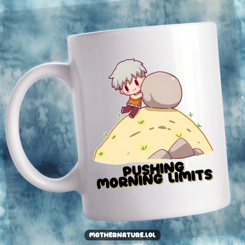 Funny mug with a character playfully pushing a large rolling boulder down a gentle, grassy hill.