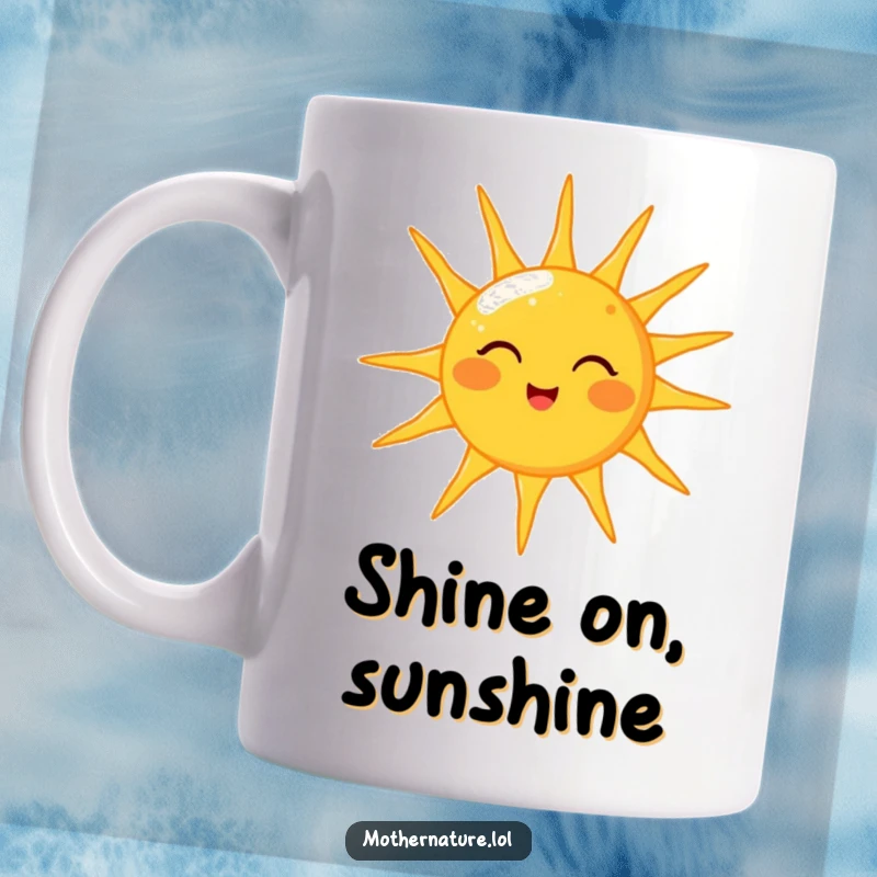 Funny mug showcasing a cheerful sun character playfully winking while showering the earth below with comforting, warm, golden light rays.