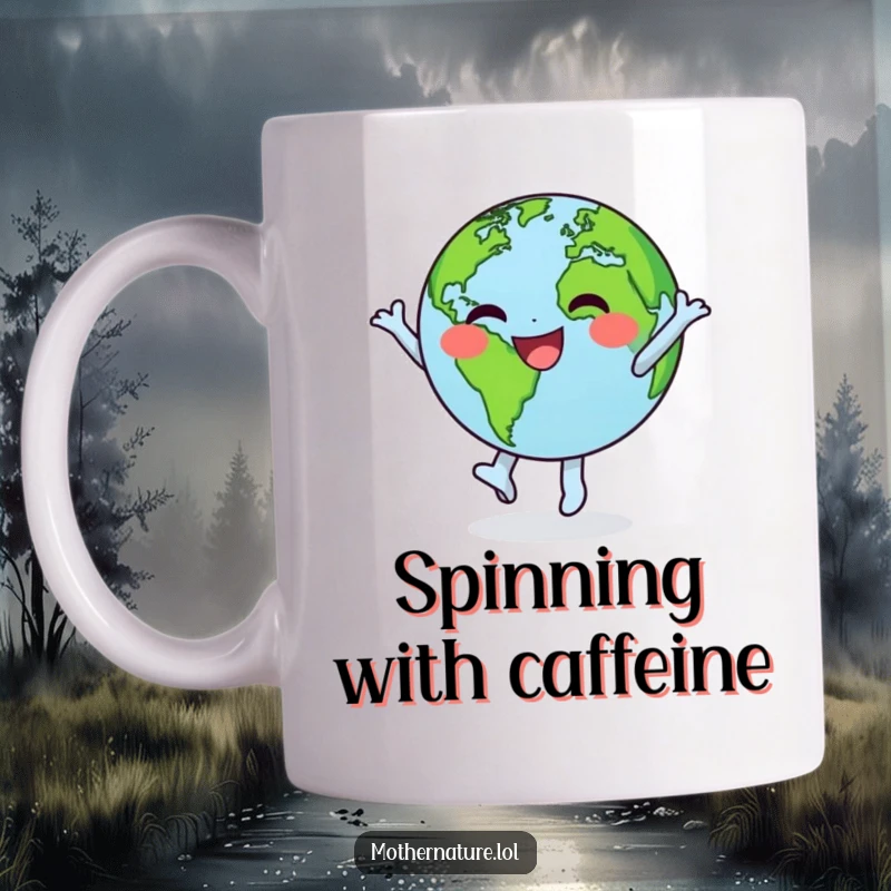 Funny mug depicting a happy, little Earth character joyfully dancing and spinning with its green continents visible, full of celebratory energy.