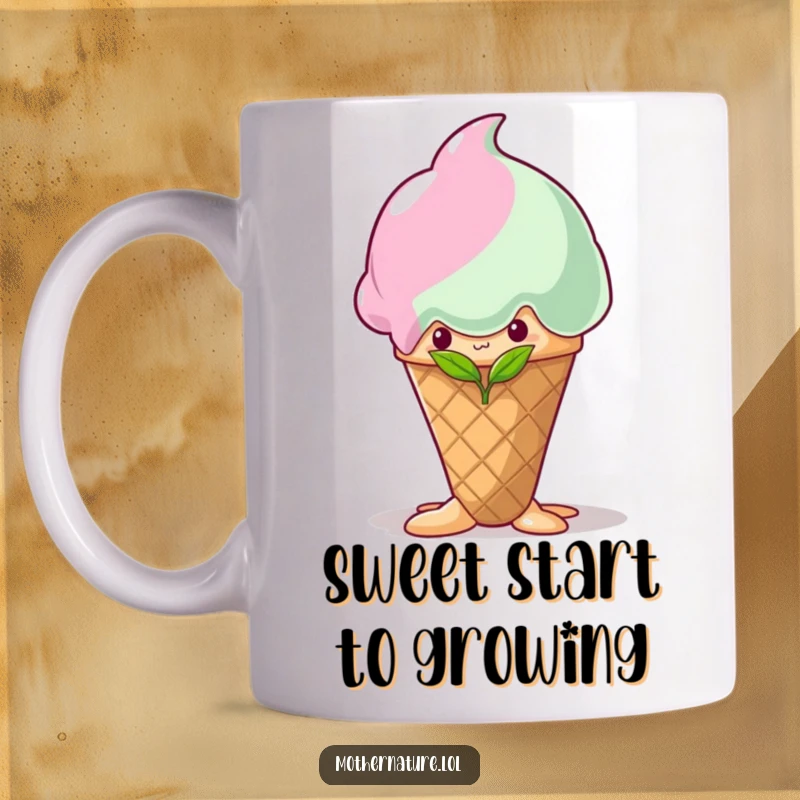 Funny shy sprout peeking from behind a melting ice cream cone, cute and humorous, relatable anxiety, perfect gift.