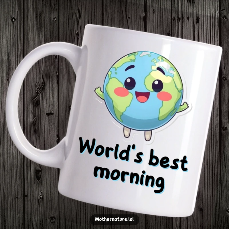 Funny mug with a cheerful, bouncing Earth globe character radiating happiness and fun. A delightful and quirky cosmic addition.