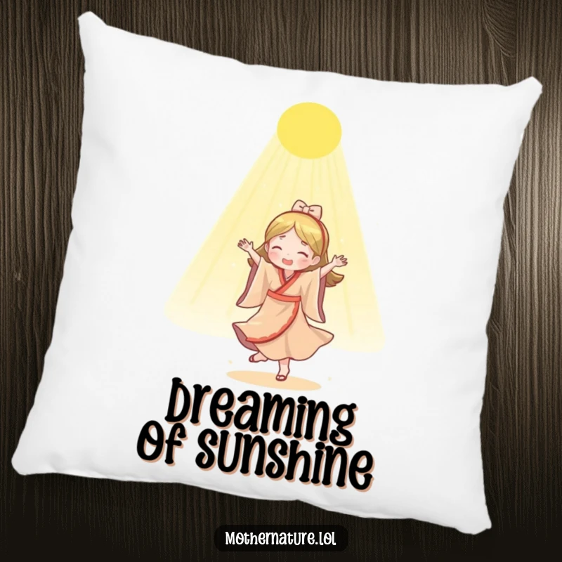 Funny Mother Nature pillow with a delightful character dancing under a soft, golden sunlight shower, ideal for cozy relaxation.