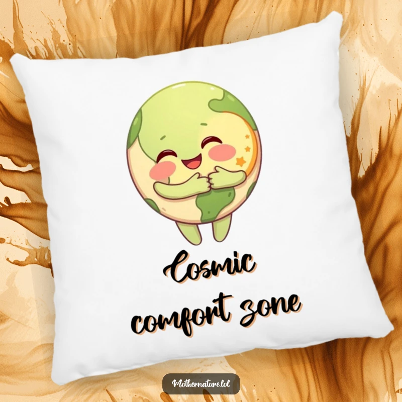 Funny Pillow depicting a happy Earth character embracing a smiling Moon, perfect for adding comfort and humor.
