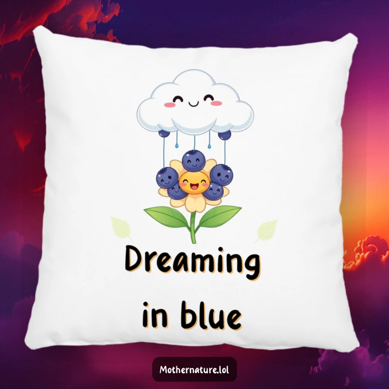 Funny cheerful cloud pillow, raining smiling blueberries onto a happy flower, soft and humorous decor, delightful gift.
